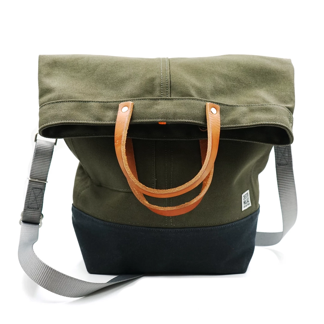 Chester Wallace Accessories Upright Tote Pine Twill/Tan Leather + Grey