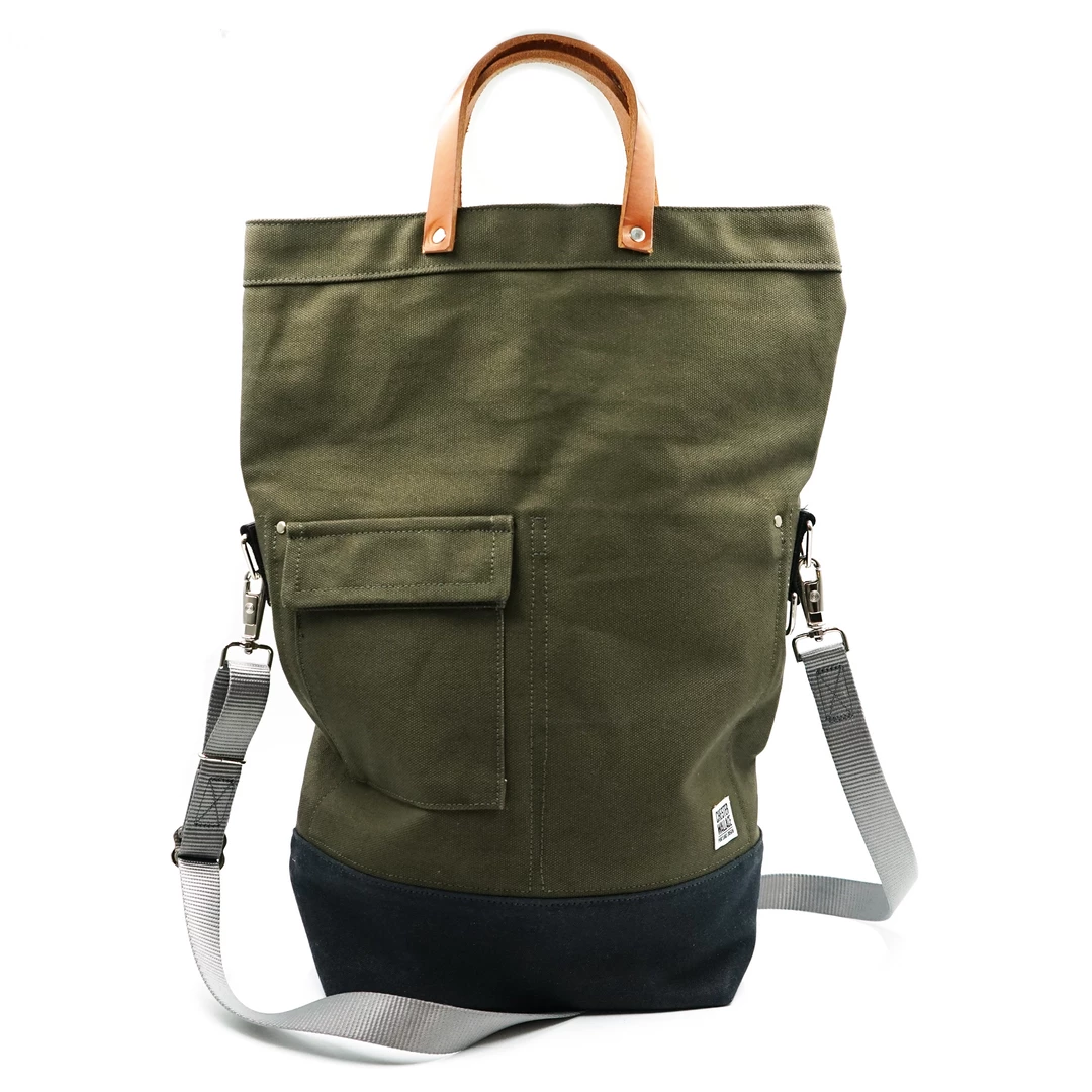 Chester Wallace Accessories Upright Tote Pine Twill/Tan Leather + Grey